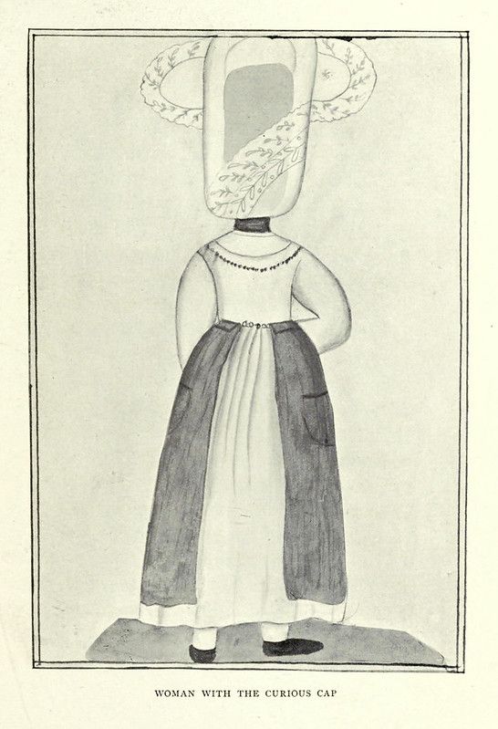 Illustration of a woman wearing a tall, wide, and curiously shaped cap.