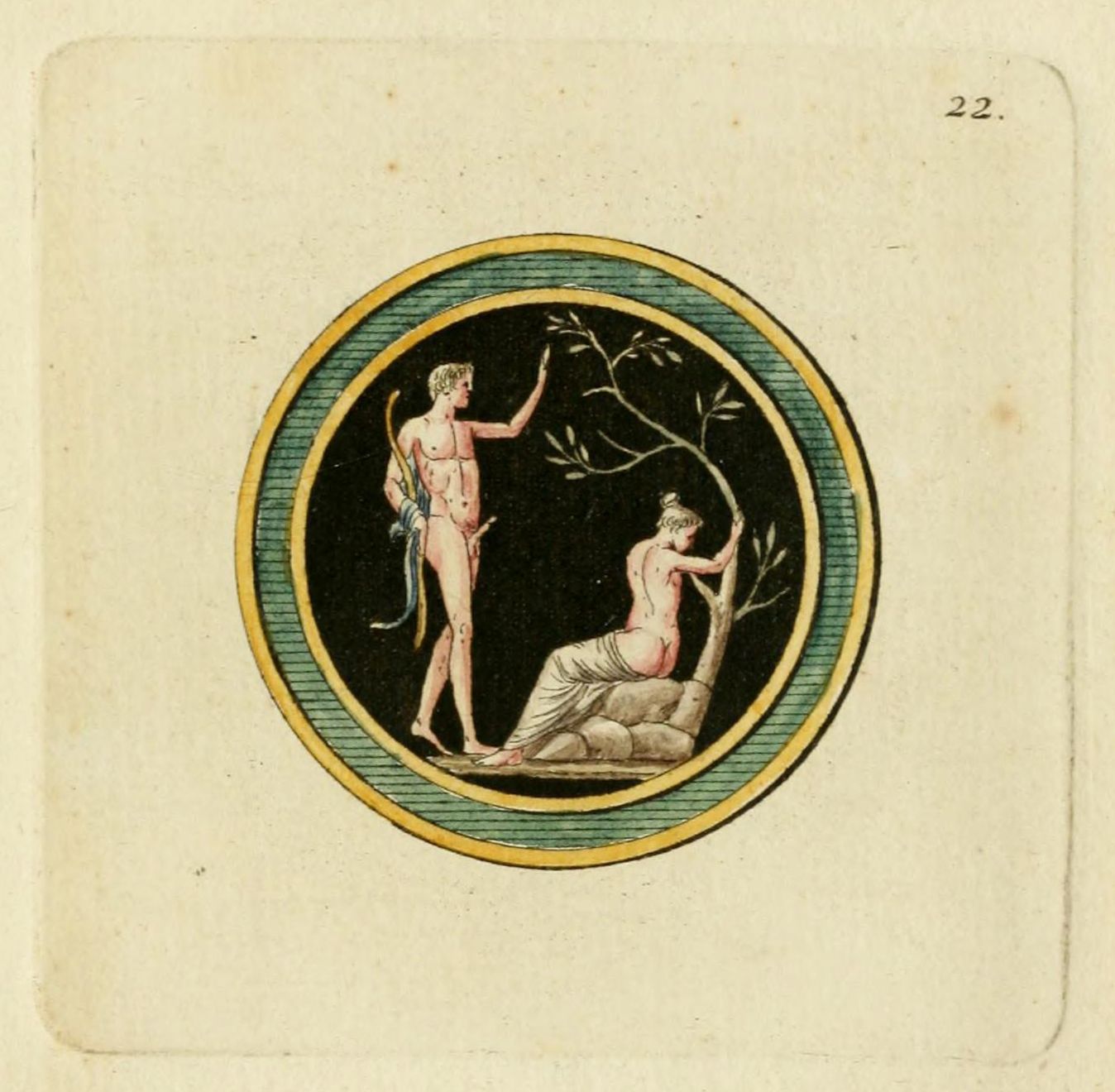 A detailed illustration of a classical scene within an oval frame. A nude male figure stands on the left, reaching towards a tree, while a draped woman sits on a stone to the right, also reaching towards the tree. The background is black, and the frame is decorated with concentric lines in shades of blue, yellow, and red.
