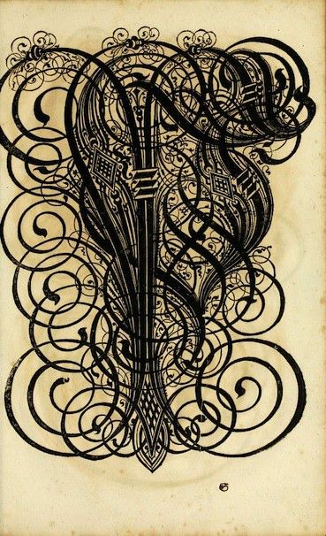 A vintage, monochrome illustration of an ornate design with intricate scrollwork and patterns.