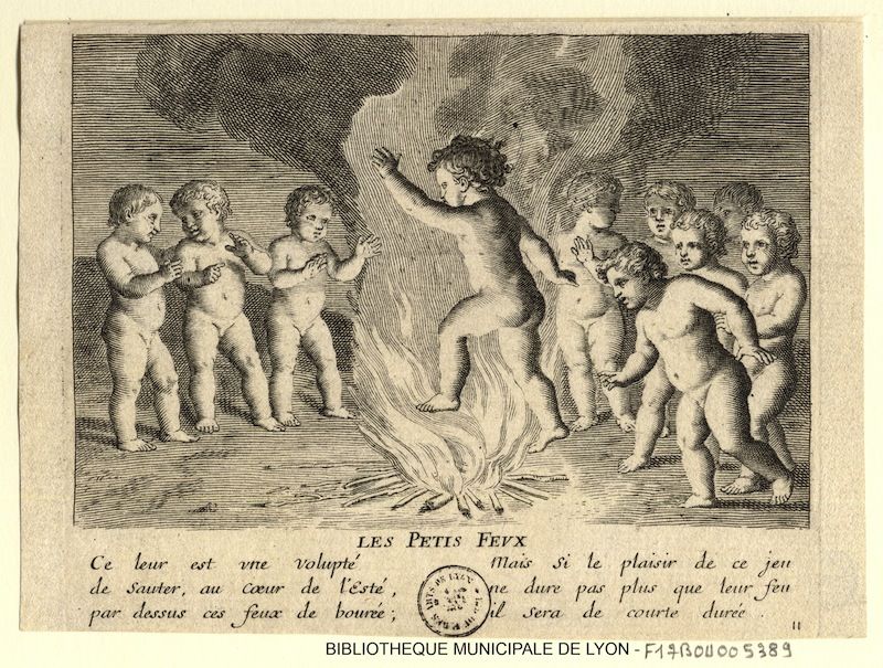 Black and white engraving of children jumping over a bonfire.