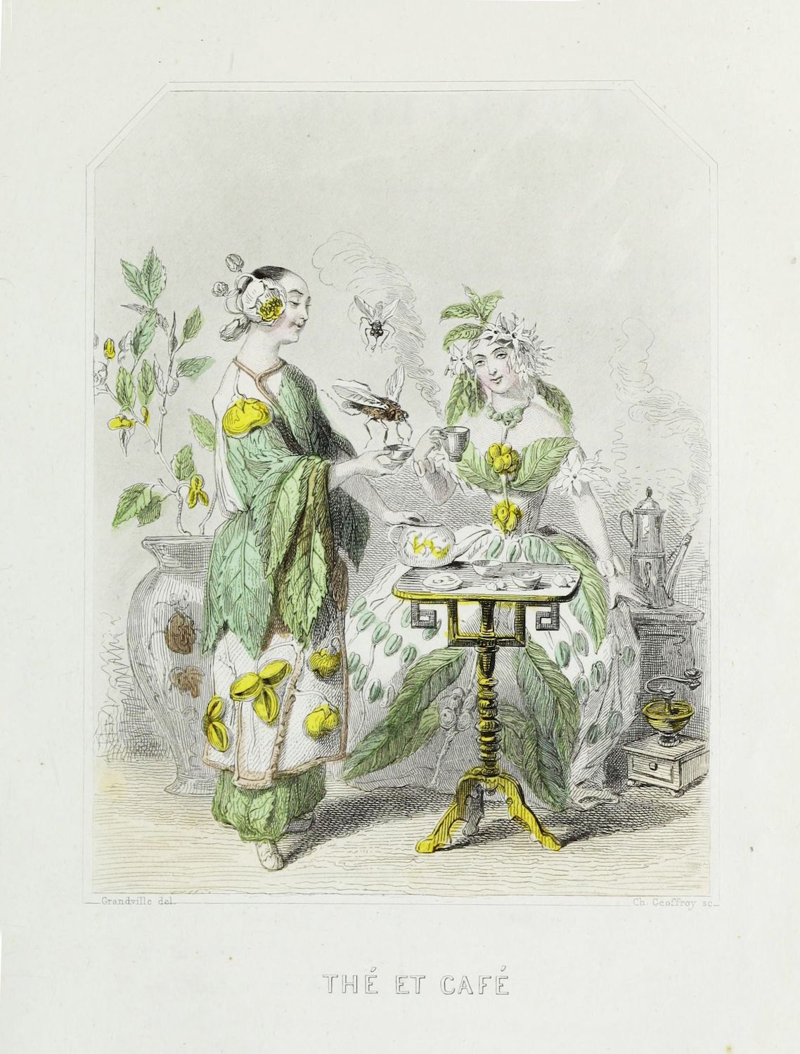 Vintage lithograph titled 'Thé et Café' depicting allegorical figures representing tea and coffee.