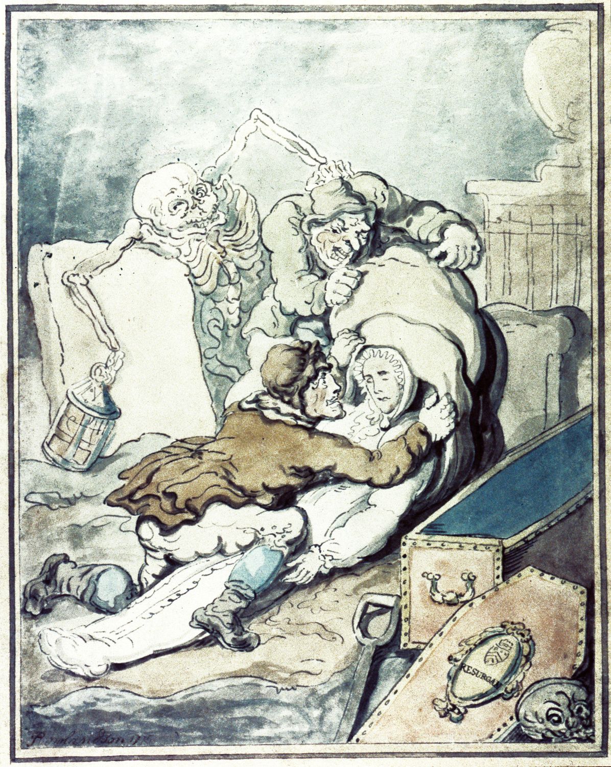 Watercolor illustration of a man being haunted by ghosts.