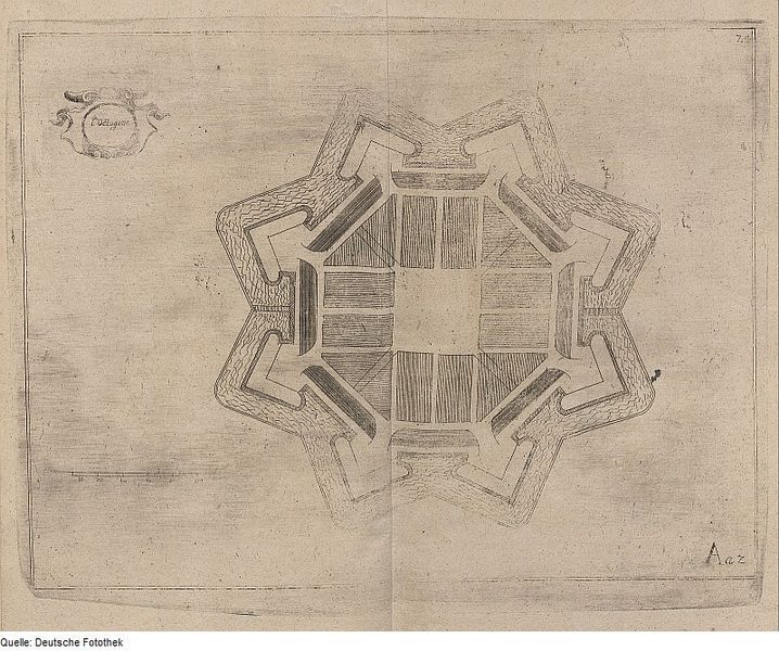 Vintage sepia-toned drawing of a star-shaped fort with detailed bastions and internal structures.