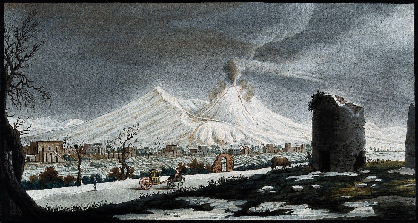 Vintage watercolor painting of a volcanic eruption over a village.
