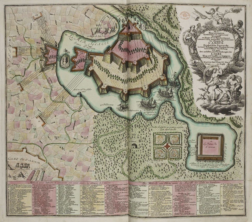 Antique map of a fortified city with detailed buildings, trees, and a river, featuring French text and allegorical illustrations.