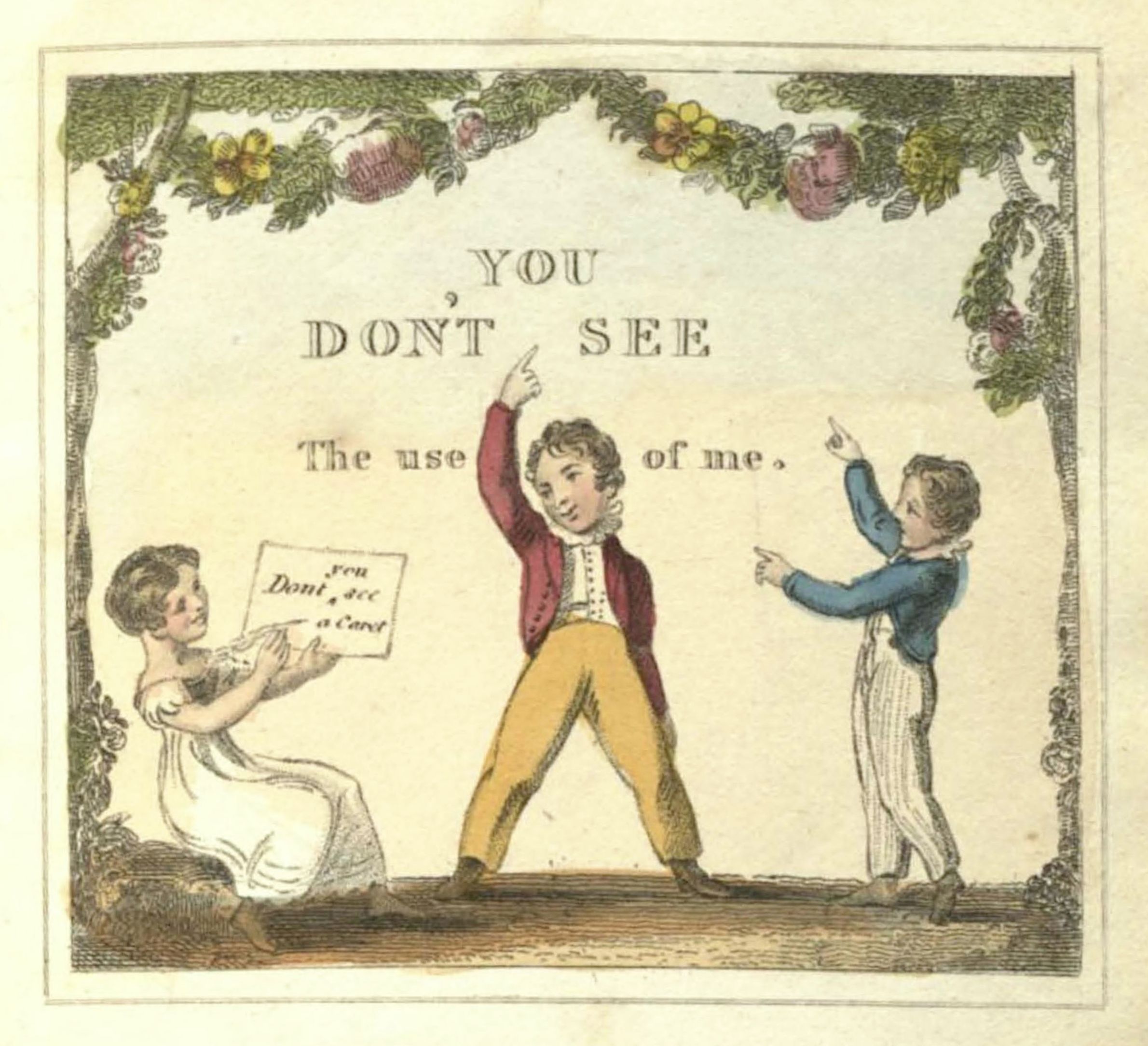 Vintage illustration of three children with a pun about not seeing the use of someone.