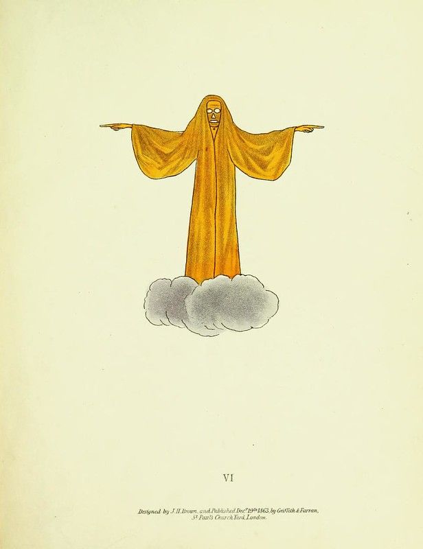 Vintage illustration of a golden figure floating on a cloud.