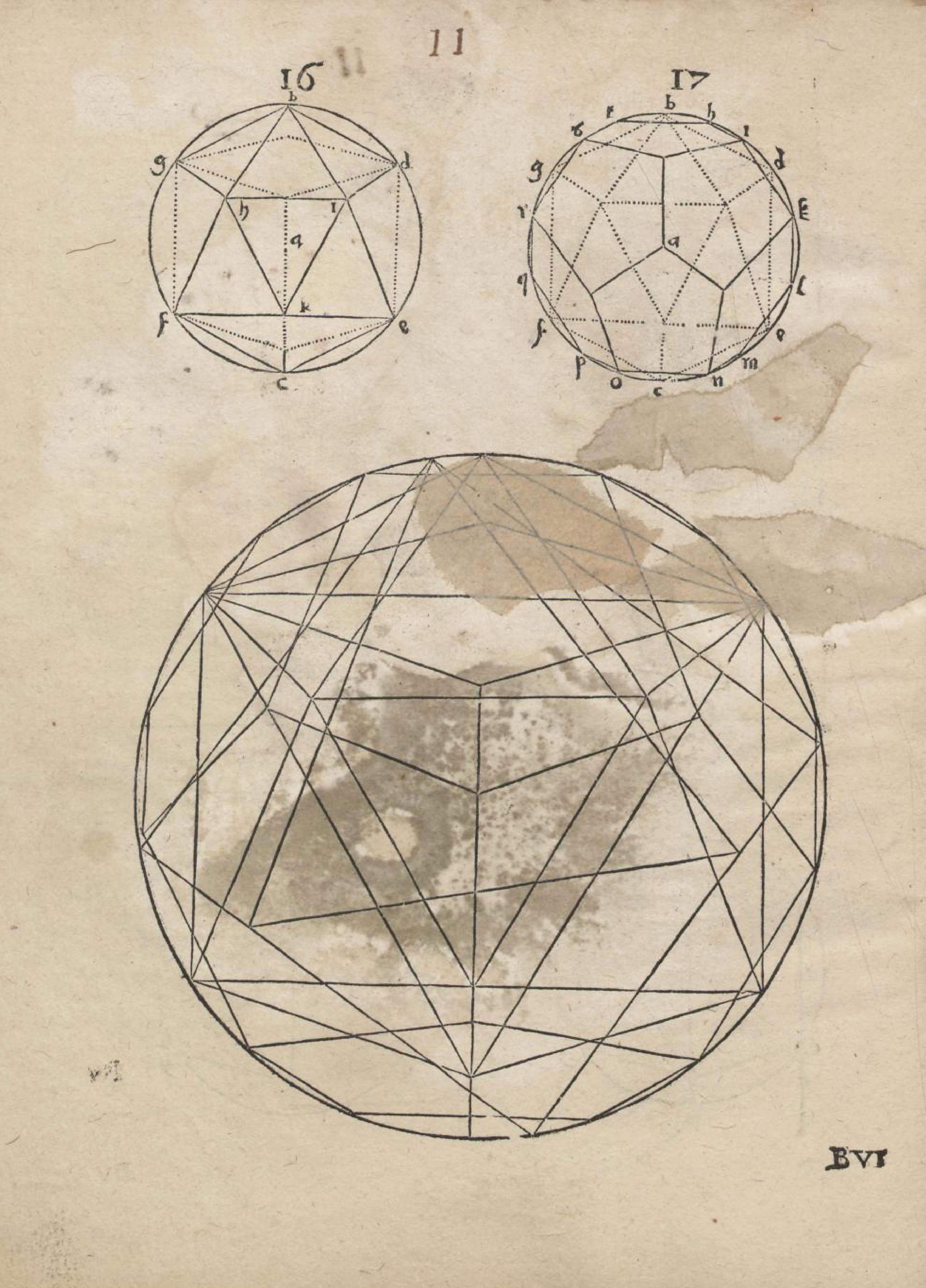 Vintage diagram of a sphere constructed from intersecting lines and polygons, with smaller diagrams above showing 2D projections.