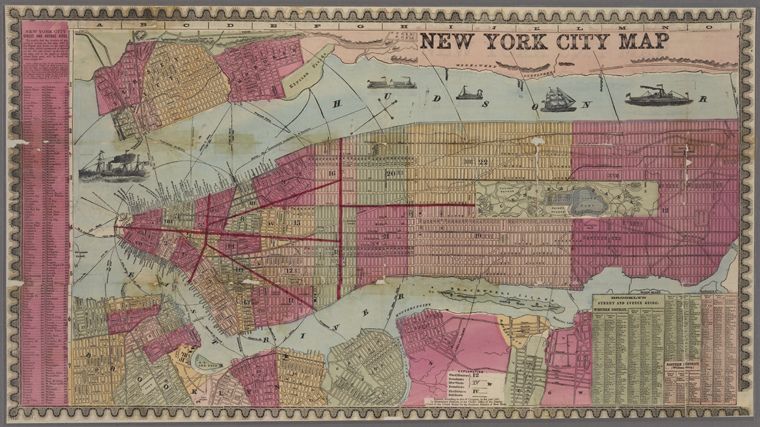 Vintage map of New York City with a grid-like pattern, ships on the water, and a decorative border.