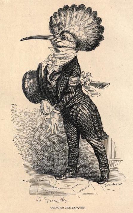 A vintage illustration of a bird dressed in formal attire, titled 'Going to the Banquet'.