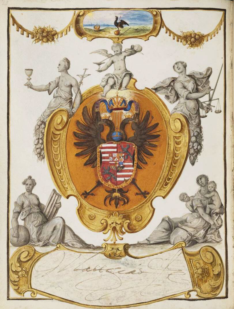 Detailed illustration of a coat of arms with allegorical figures and ornate decorations.