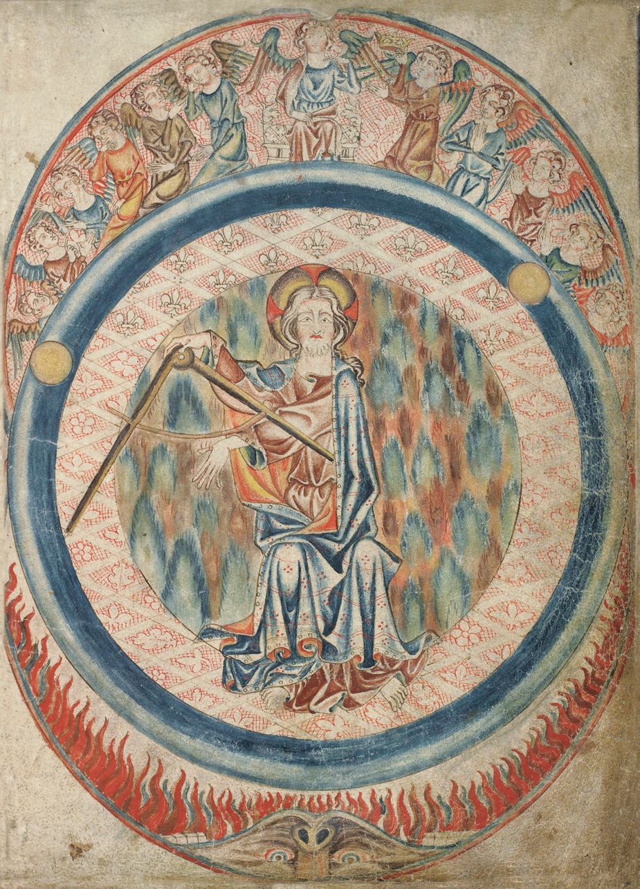 Medieval manuscript illumination of a man with a halo holding a staff, surrounded by angels and flames.