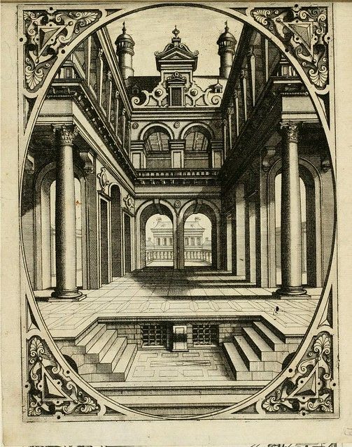 A black and white engraving of a grand architectural interior with columns, arches, and a series of tiered steps leading down to a sunken area.
