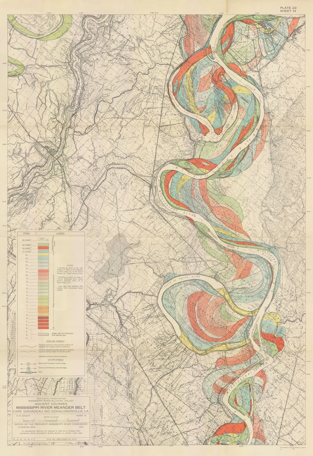 A vintage map of the Mississippi River between Vicksburg and Greenville, Mississippi, showing the ancient courses of the river in various colors and patterns.