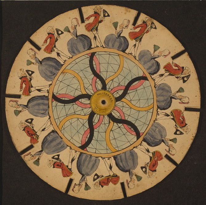 A circular illustration with repeating figures holding balloons, arranged around a complex geometric center.
