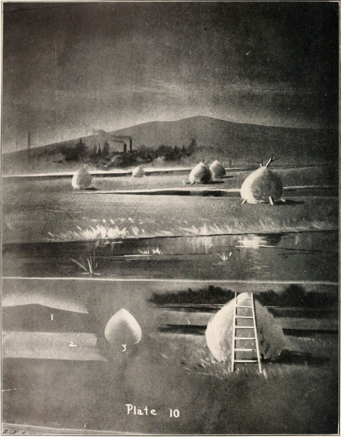 Black and white illustration of a field with haystacks, trees, and a hill under a dark sky. Numbers 1, 2, and 3 are labeled near the bottom.