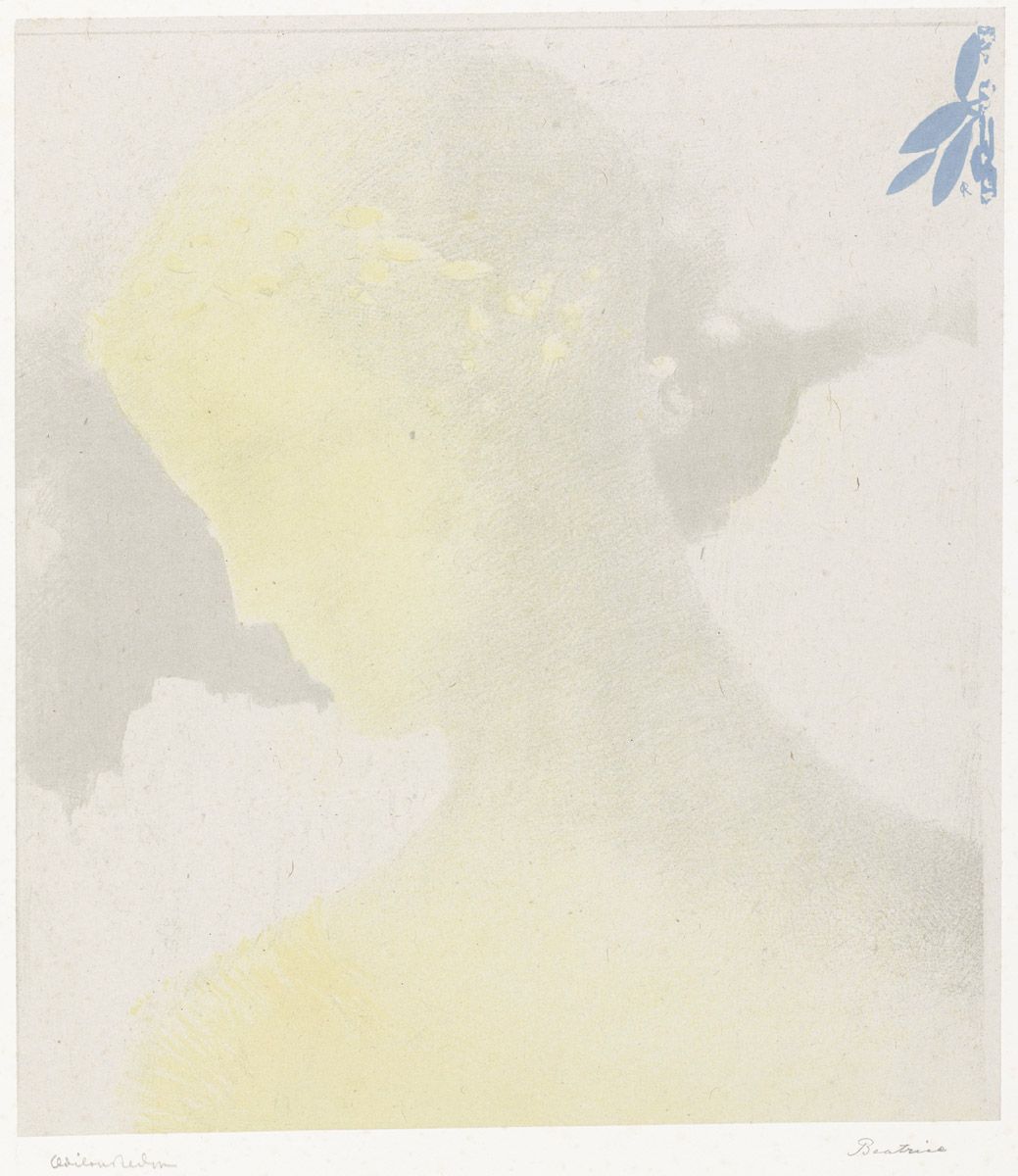 A vintage-style print with a silhouette of a person's head and shoulders, a delicate blue floral arrangement, and handwritten signatures.