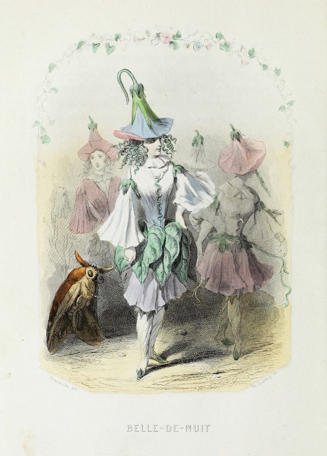 Vintage lithograph of a person dressed as a nightshade flower, with a small animal and another floral figure in the background.