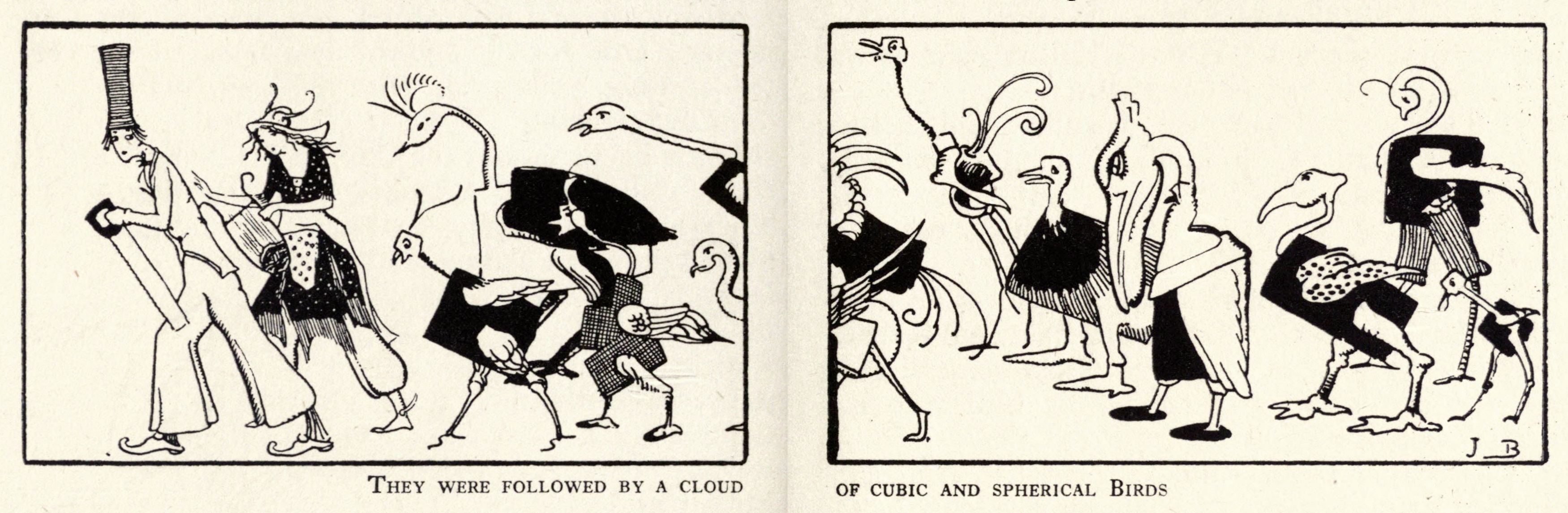 A black and white illustration of a procession of oddly shaped birds following a cloud. The birds are tall, slender, and anthropomorphic, with exaggerated features and bizarre shapes. The text below reads: "They were followed by a cloud of cubic and spherical birds."
