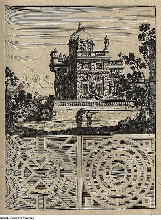Vintage black and white engraving of a classical building with a dome, set in a landscape with trees and a bridge, and featuring geometric patterns below.