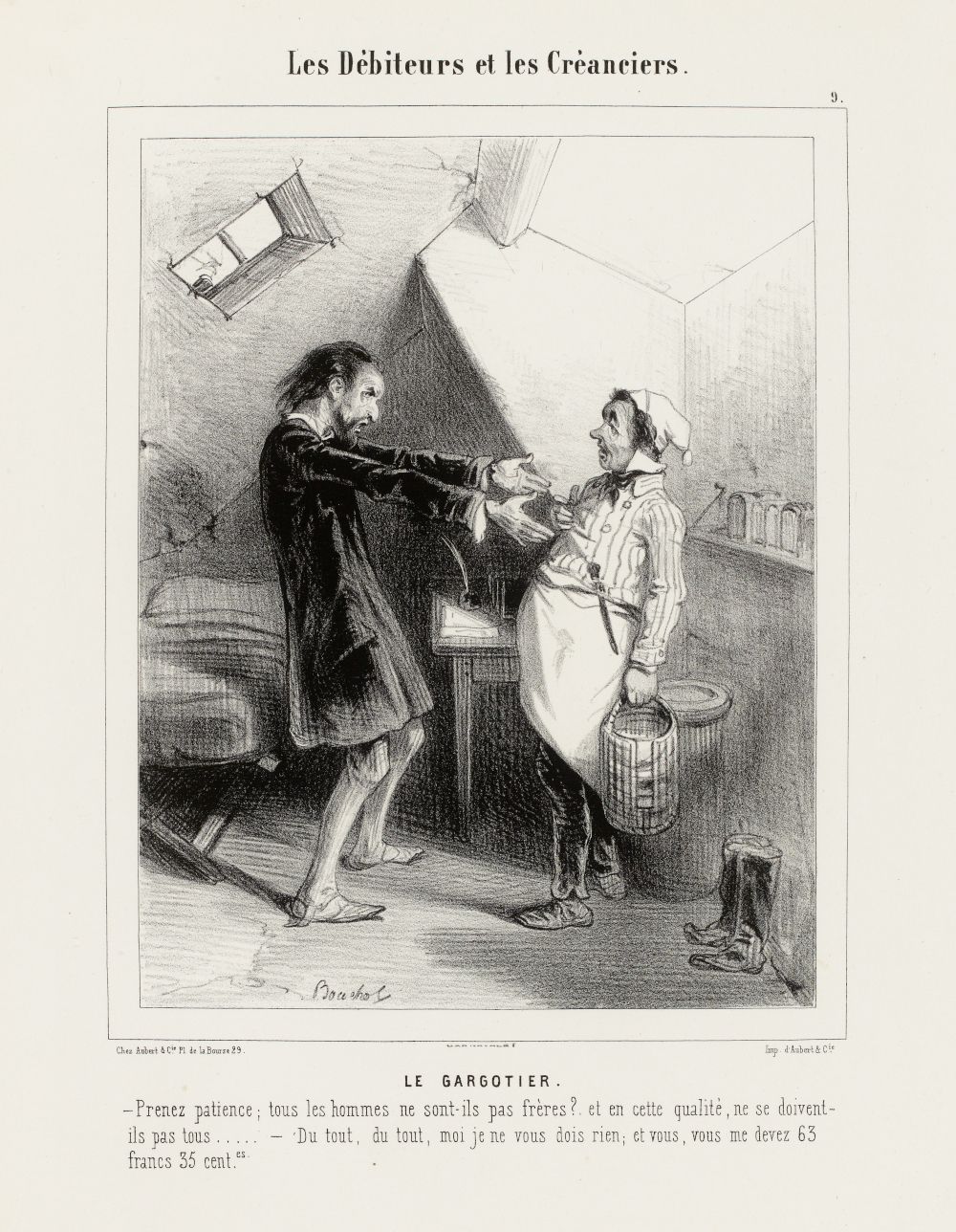 A black and white illustration of a man confronting a woman in a room, with text below referencing a debt.