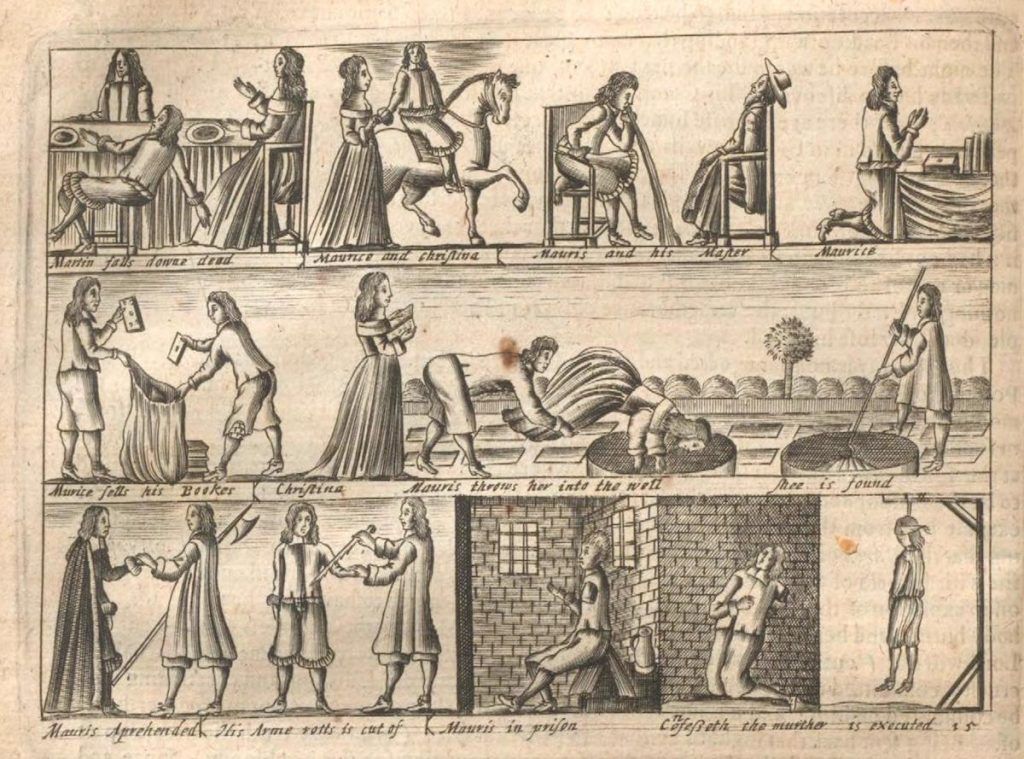 A black and white illustration depicting a series of scenes related to a crime or tragedy.