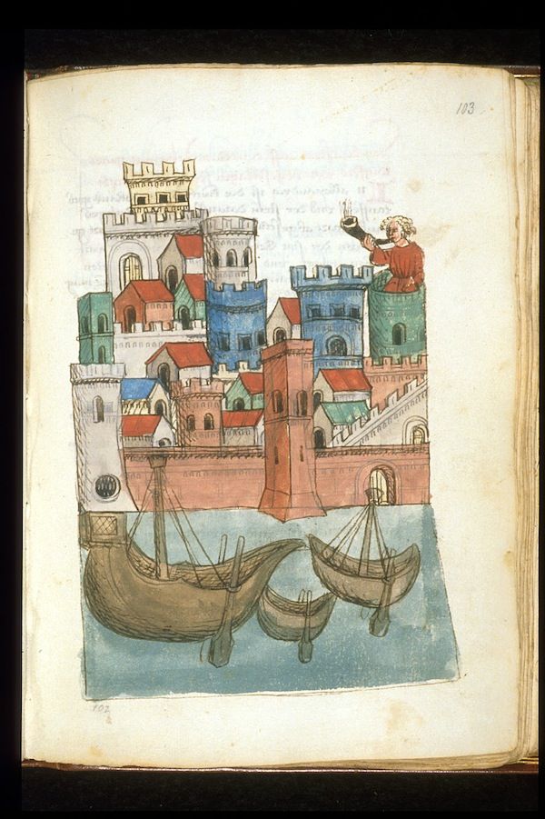 Medieval illustration of a coastal city with colorful towers and ships.