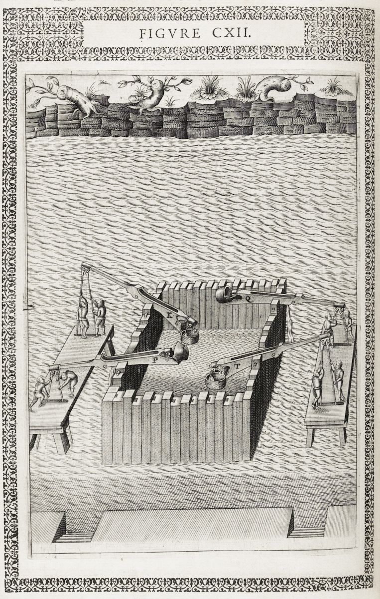 A detailed black and white engraving of a historical dockyard scene with a ship being worked on.