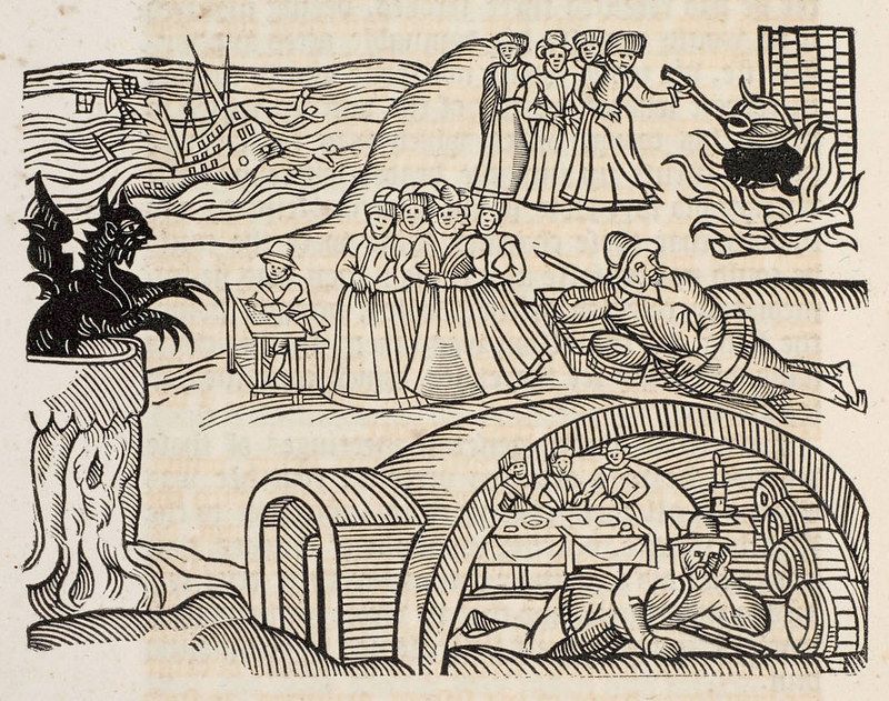A black and white woodcut illustration depicting a scene of witchcraft and demonic activity.