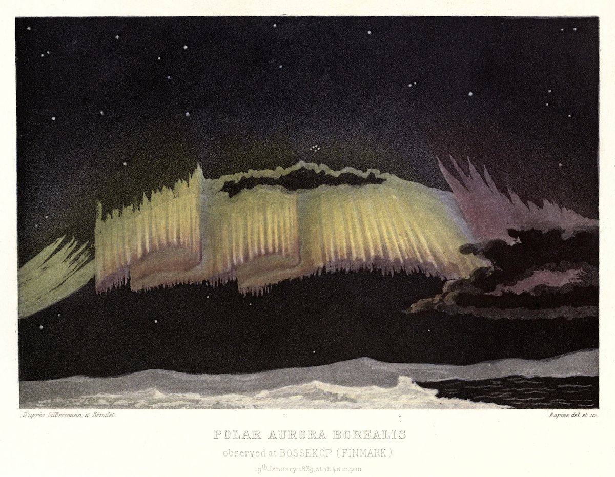 A vintage lithograph depicting a vibrant aurora borealis over a snowy landscape.