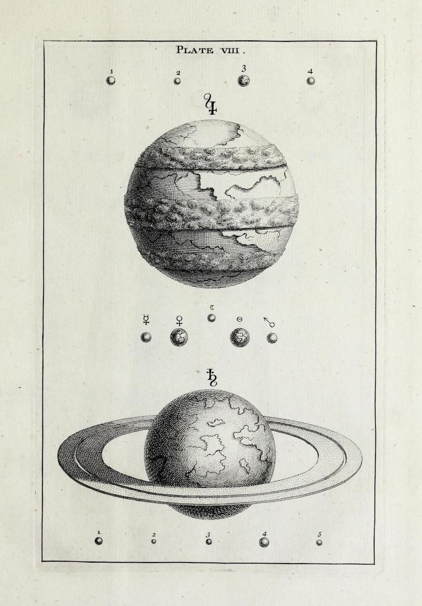 A vintage engraving depicting Jupiter and Saturn with their moons and symbols.