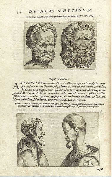 A page from a book with illustrations of human heads and text in Latin.