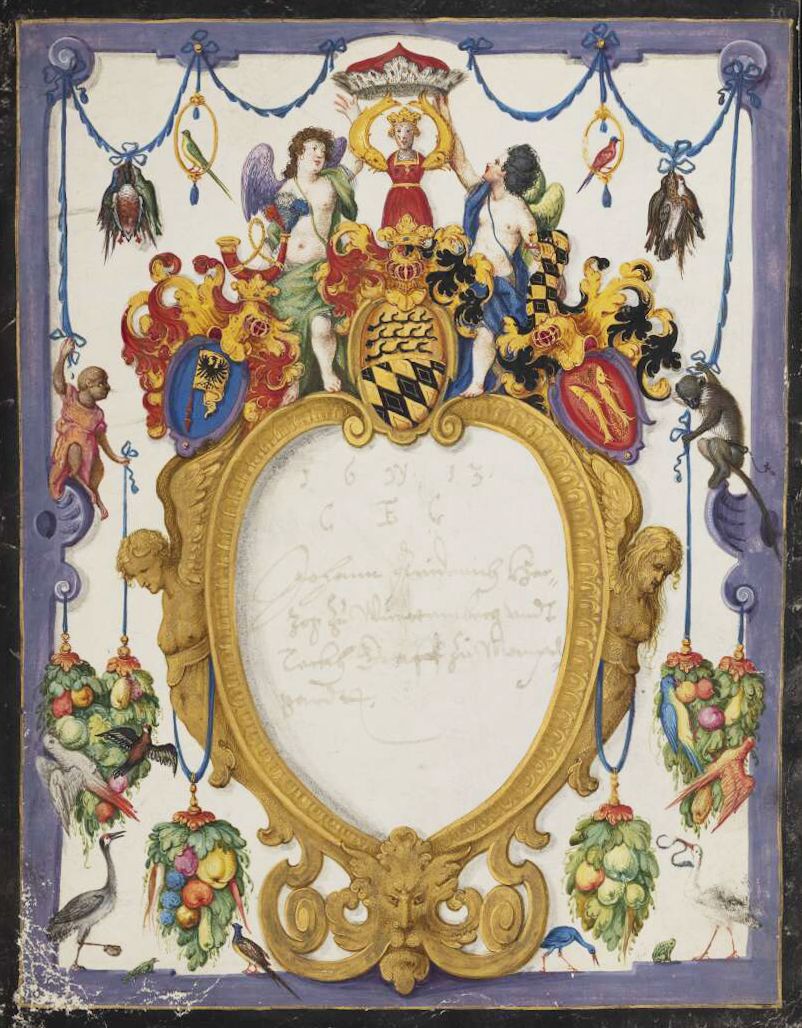 An ornate coat of arms with a blank shield, surrounded by cherubs, birds, fruit, and flowers within a gilded frame.