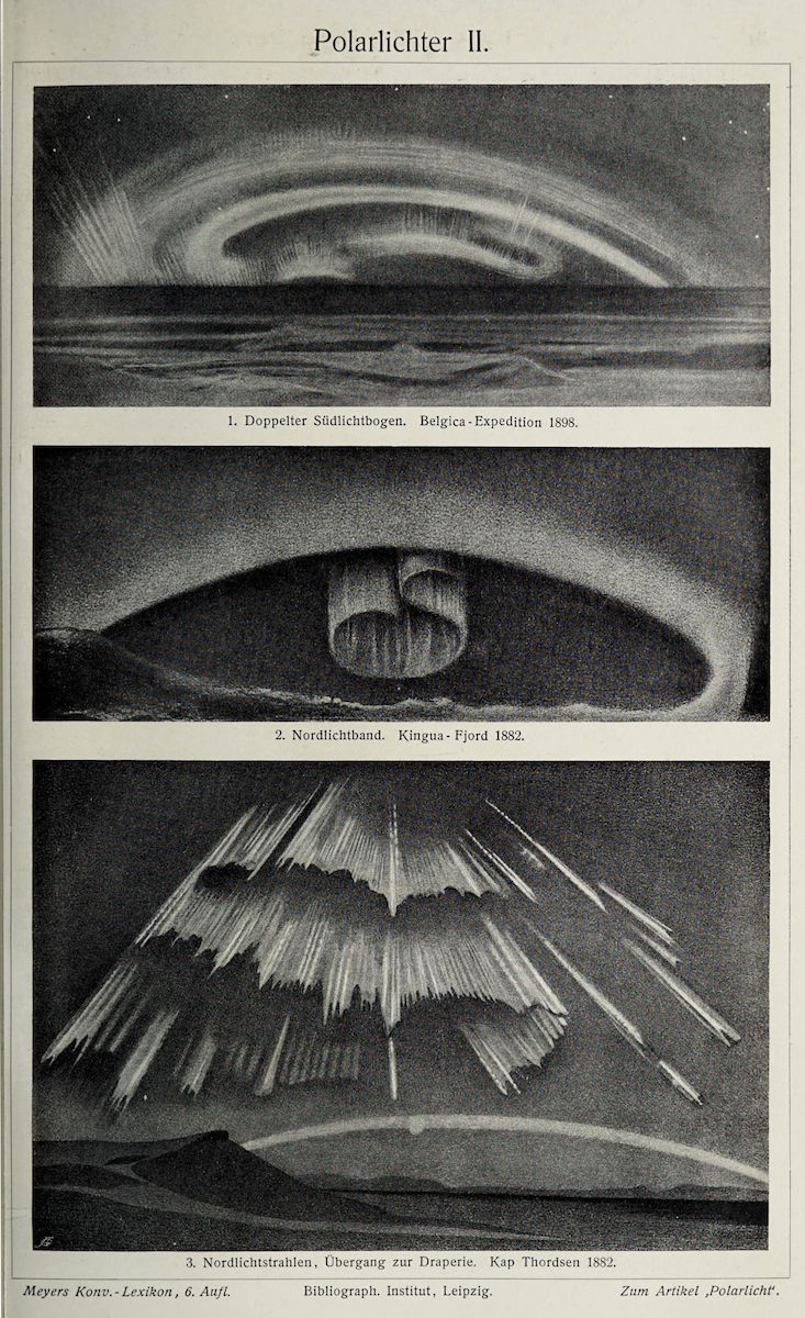 Vintage black and white photograph of three different depictions of polar lights (aurora borealis) with locations and dates.