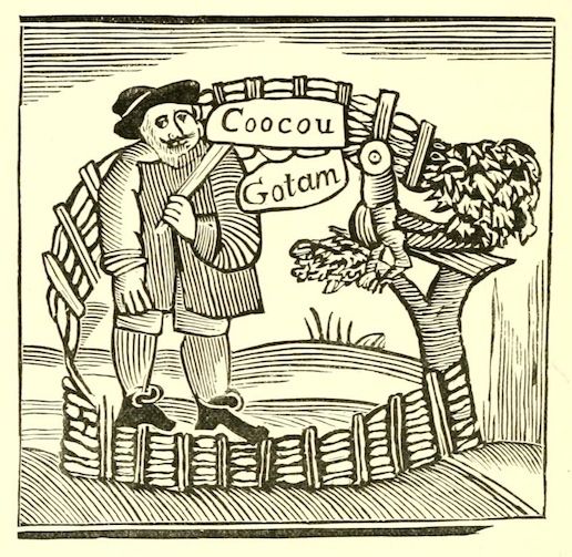 A woodcut illustration of a man walking along a winding fence with a sign reading 'Coocou Gotam' and a small tree nearby.