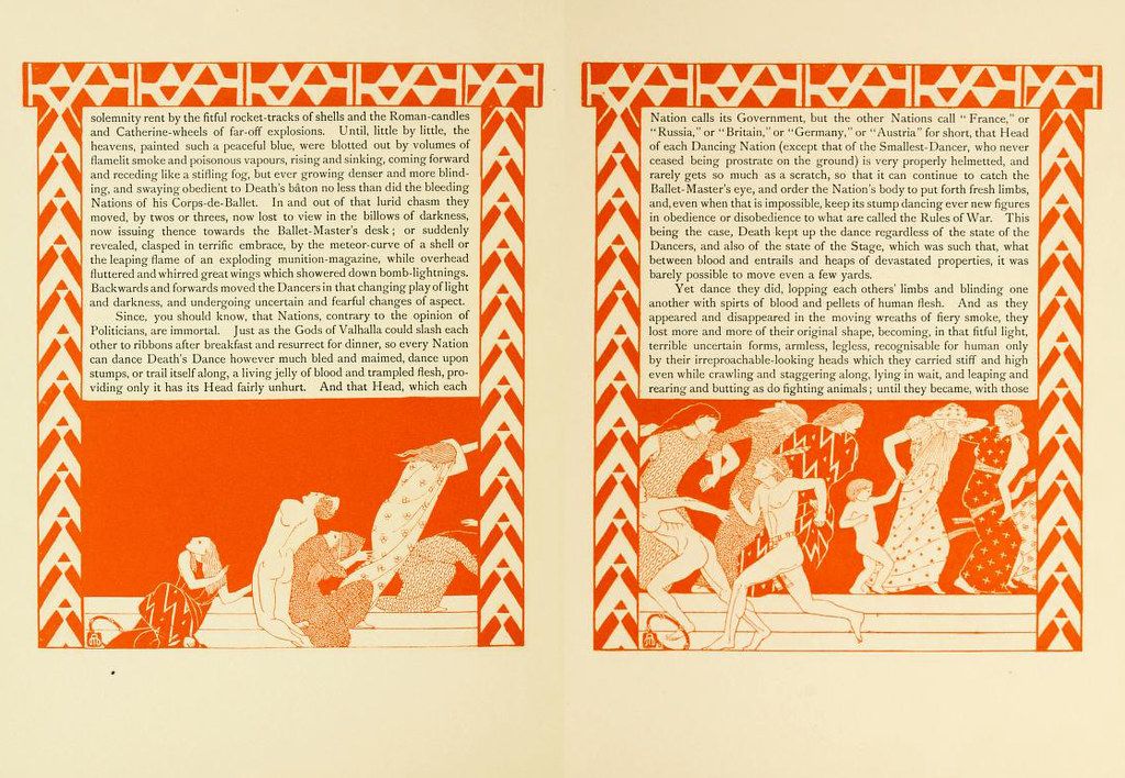 A scan of a page from a book or document, featuring a detailed illustration and dense text. The illustration depicts a surreal and disturbing scene, seemingly a metaphorical representation of war. It portrays figures resembling dancers, but their movements are chaotic and grotesque, suggesting suffering and destruction.
