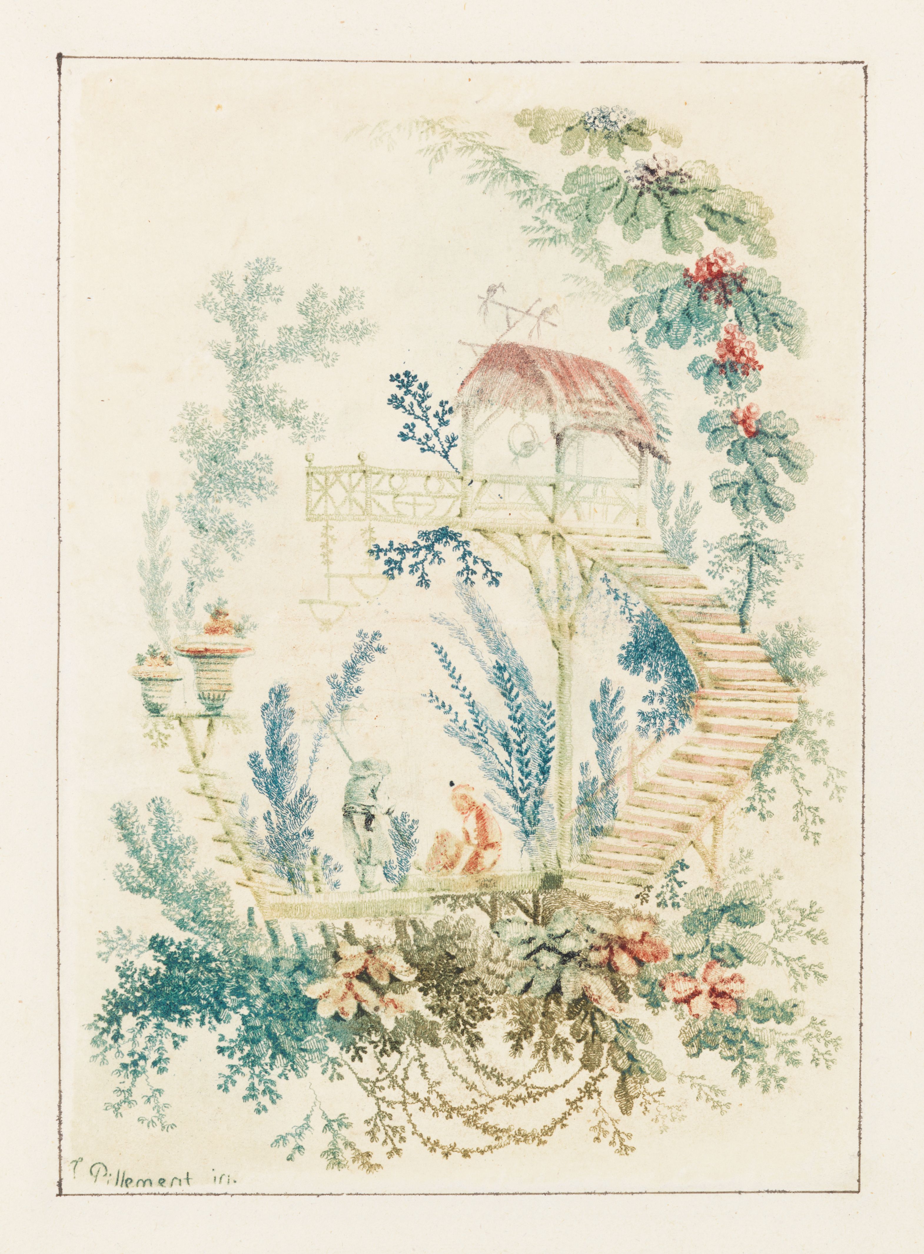 A vintage-style drawing of a garden landscape with a gazebo, stairs, and lush greenery.