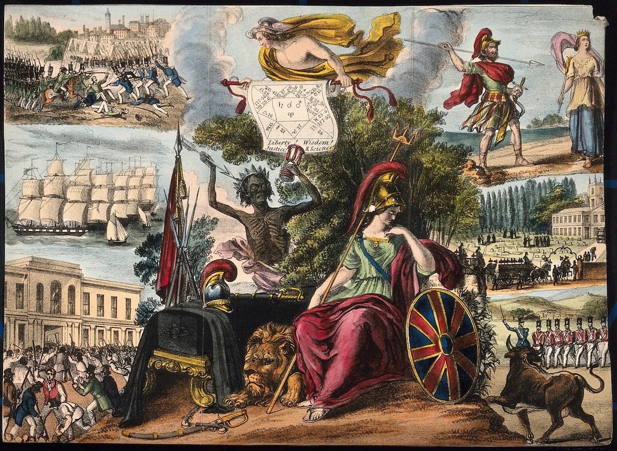 A detailed historical engraving or illustration depicting a complex allegorical scene with a central female figure, various vignettes of battles, harbors, and processions, and rich symbolism.