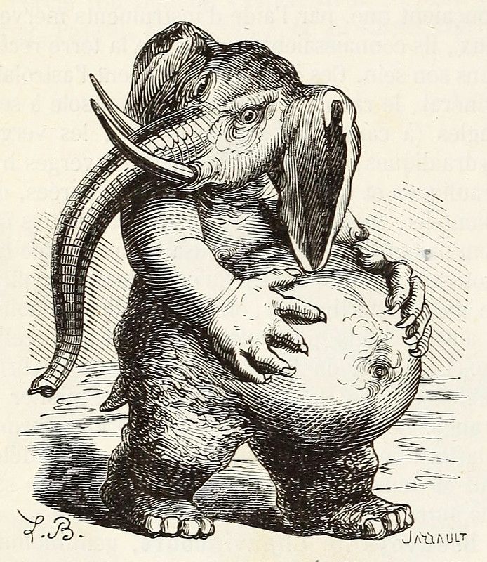 A vintage black and white illustration of an elephant cradling a baby.