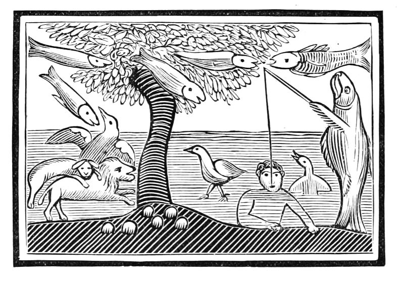 A black and white woodcut-style illustration depicting a whimsical scene with a tree, birds, fish, and a man.