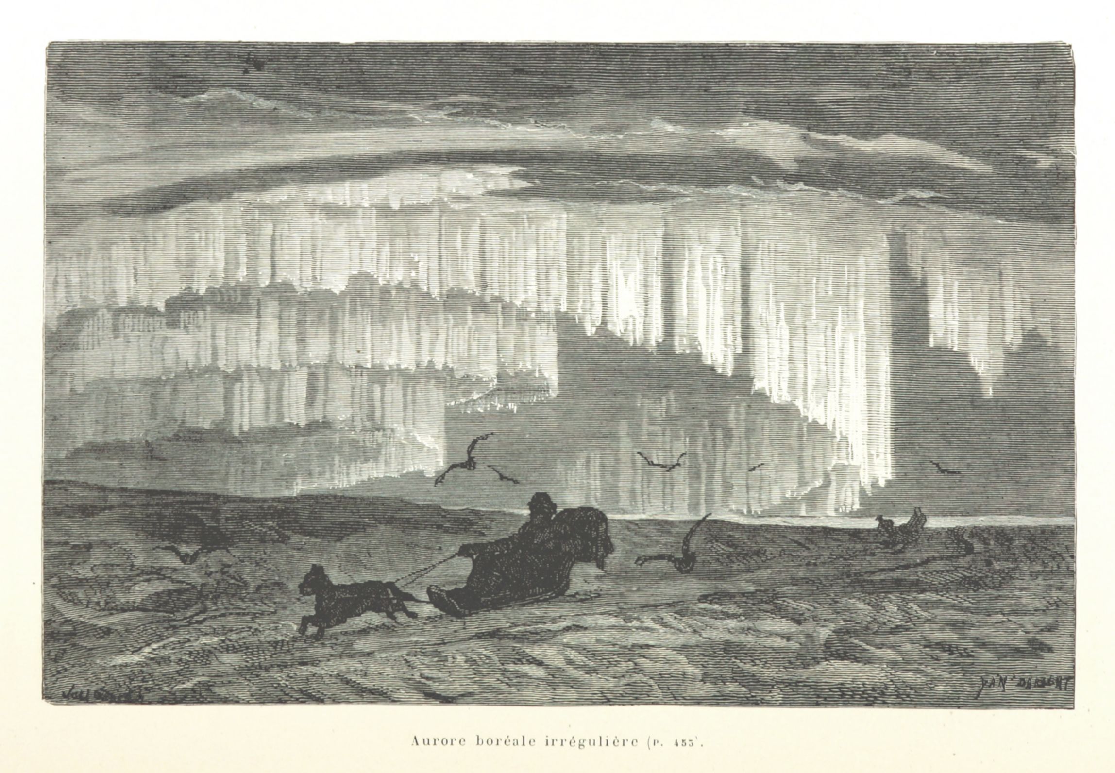 Vintage engraving of the Aurora Borealis with a sleigh and dogs in a winter landscape.