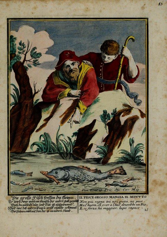 An engraving of a man being swallowed by a large fish, with a boy standing nearby.