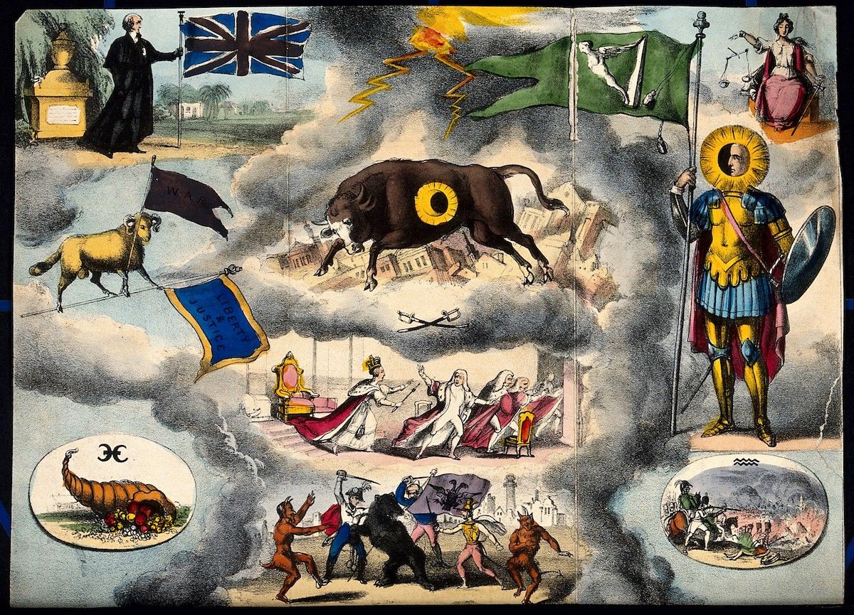 A complex and allegorical image, likely a political cartoon or satire from the 19th century. It's filled with symbolic imagery and appears to be commenting on political or social issues of the time.