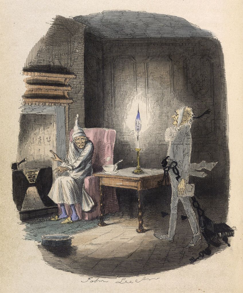 Vintage illustration of a ghostly encounter in a room with a fireplace, chair, table, and stairs.