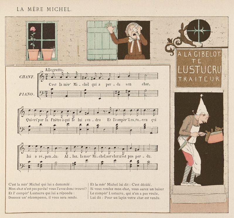 Vintage sheet music page titled "La Mère Michel" with an illustration of a woman, a man, and a cat.