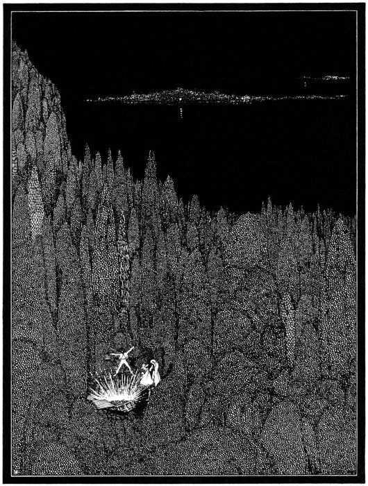 A black and white illustration of a forest with a hut and two people.