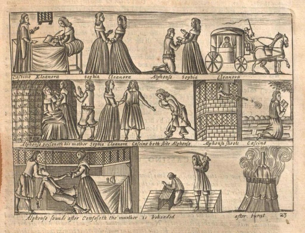 A black and white engraving depicting a series of scenes, likely from a historical or dramatic narrative.