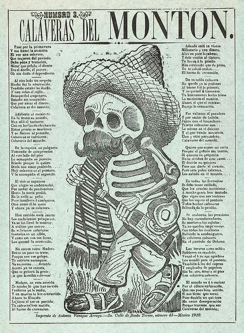 A vintage illustration titled "Calaveras del Montón" (Skulls of the Heap) depicting a skeleton dressed in fashionable clothing of the time, surrounded by Spanish text.