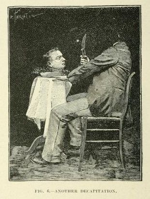 A black and white illustration depicting a scene of execution. A person is seated on a chair, and another person is raising a knife above their neck.