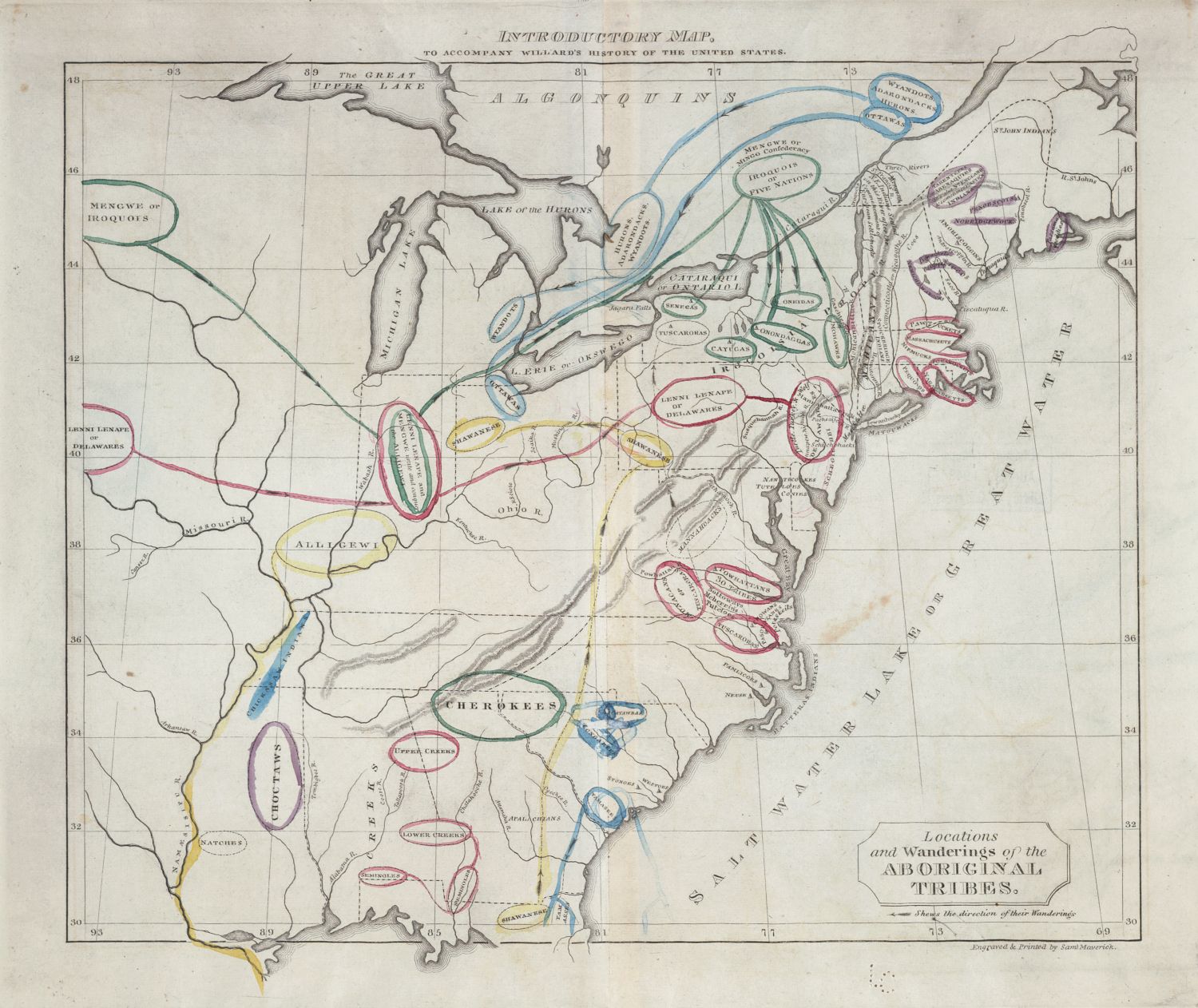 Vintage map of eastern North America showing the territories and wanderings of Native American tribes.